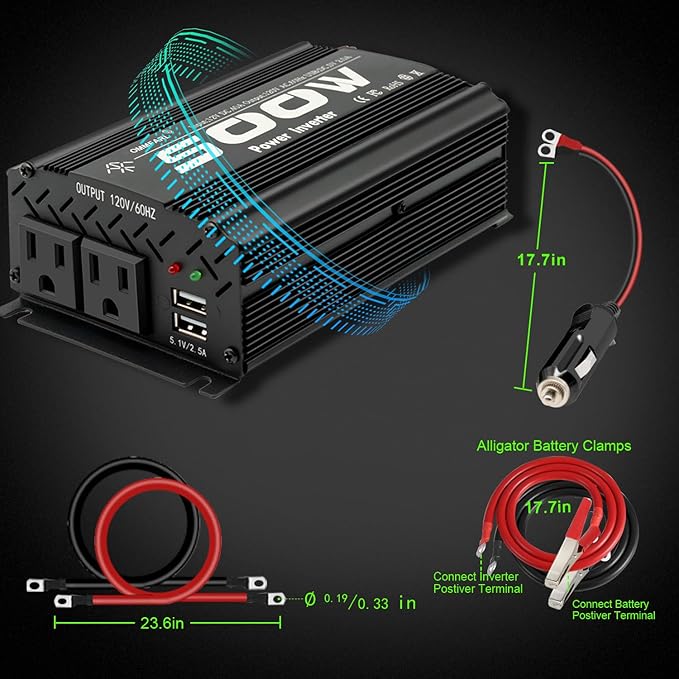500W Modified Sine Wave Power Inverter DC 12V to AC 110V, Peak 1000Watt, Car Plug Inverter Adapter Power Converter with 4.2A Dual USB Charging Ports Black