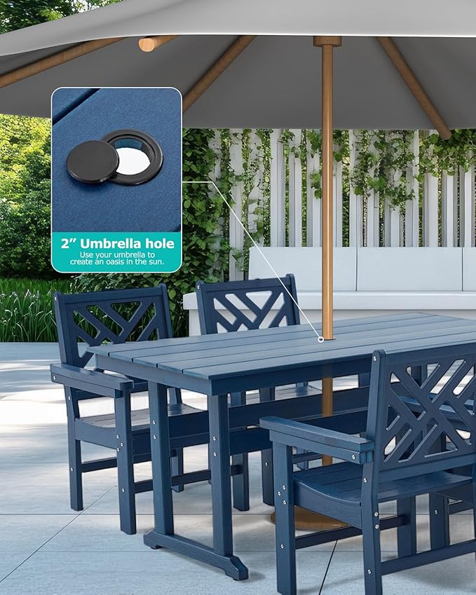 7 Piece HDPE Outdoor Dining Set for 6, Patio DHPE Furniture Set with Umberlla Hole, Weather Resistent Outdoor Table and Chairs for Garden, Poolside, Backyard, Deck, Blue