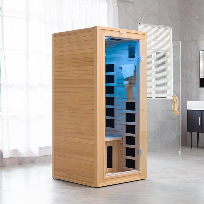 Infrared Sauna Indoor, 1 Person Hemlock Wooden Home Sauna, Dry Sauna for Home Spa Room 1350W, Time Temp Pre-Set Sauna Room, w/7 Heating Panels Mini Personal Far Infrared Saunas for Home