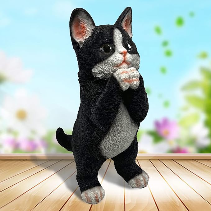 Cat Garden Outdoor Decor Statues – Cute Painting Black Cat Resin Tabby Sculpture Art, Funny Animal Statues Sculptures Decorations for Patio Lawn Yard Gift, Indoor Outdoor Home Decoration