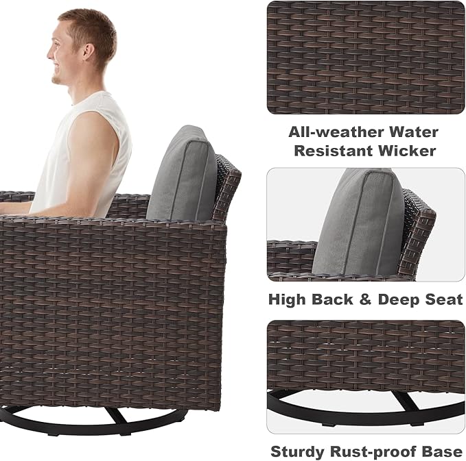 Wicker Furniture Set: 7 Piece Outdoor Furniture Set with 2 Swivel Chairs, 2 Single Chairs, Coffee Table and 2 Ottomans - Brown / Grey