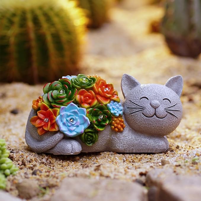 Solar Cat Garden Statue for Outdoor: Outside Sculpture Art Decor Yard Lawn Porch Backyard Ornament- Ideal Gifts for Mom Mother Women