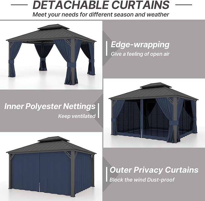 Gotland 12' x 14' Navy Hardtop Gazebo with Curtains and Netting, Double Roof Iron Metal Pergola for Patio, Garden, Lawn