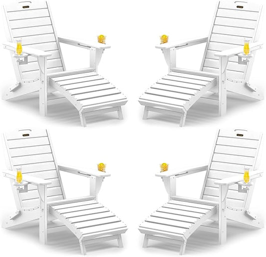 Folding Adirondack Chairs Set of 4,Adirondack Chair with Retractable Ottoman,Plastic Adirondack Chairs with 2 Cup Holder,Weather Resistant Patio Chair,Outdoor Chairs Set of 4(White)