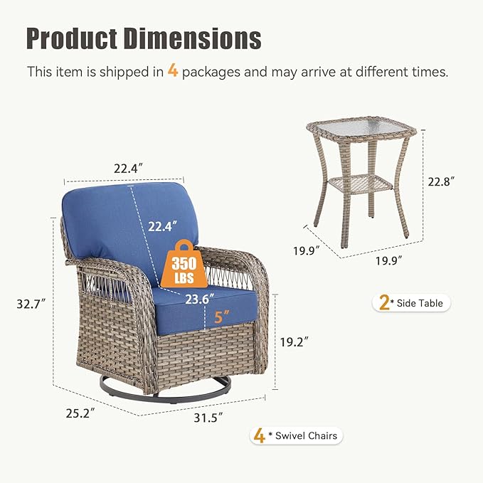 Patio Furniture Sets, 6 Pieces Wicker Outdoor Furniture with Patio Sidetables - 360 Degree Swivel Rocking Chairs and Rattan Side Table for Garden, Porch, Backyard, Blue/Gray Wicker