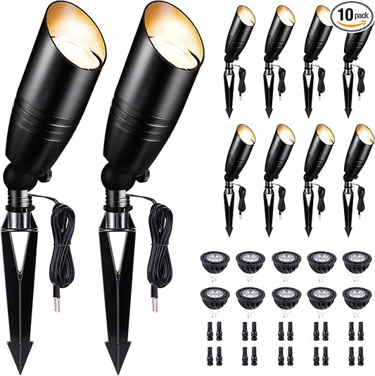 Black LED Outdoor Spotlights, Durable Low Voltage Landscape Lighting, Aluminum Waterproof Uplights for House, Garden, Lawn with 5W MR16 Bulb 5000K 10 Pack