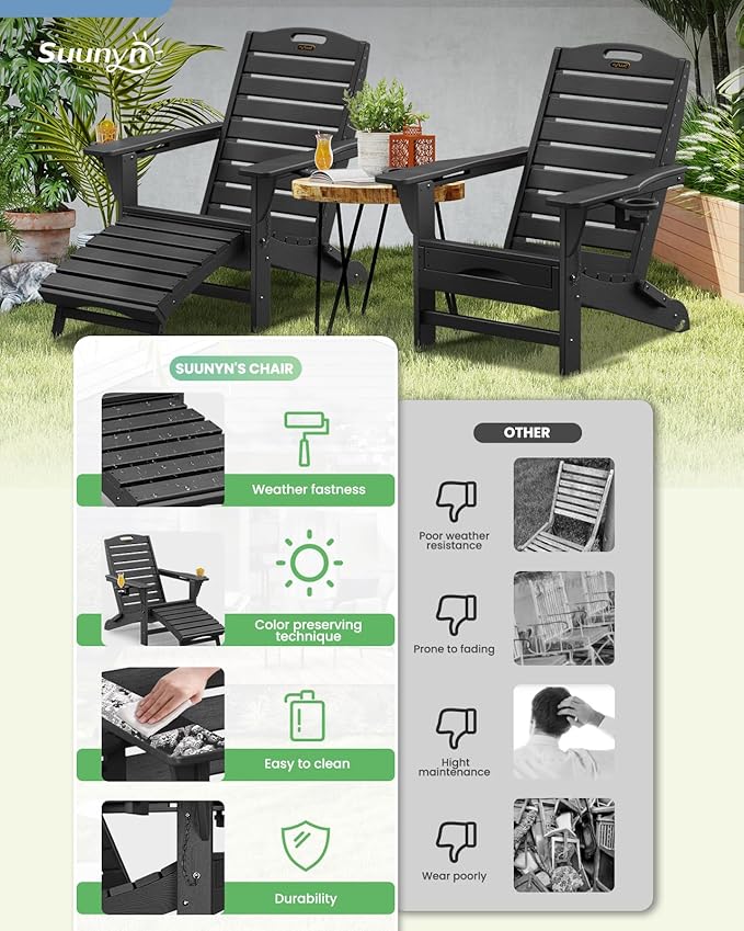 Folding Adirondack Chairs Set of 6,Adirondack Chair with Retractable Ottoman,Plastic Adirondack Chairs with 2 Cup Holder,Weather Resistant Patio Chair,Outdoor Chairs Set of 6(Black)