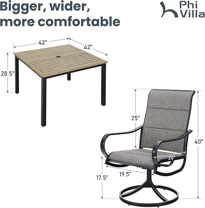 PHI VILLA 5 PCS Patio Dining Set, 4 Padded Swivel Dining Chairs & Square Brown Metal Slat Table Top with 1.57" Umbrella Hole, Outdoor Table and Chairs for All Weather