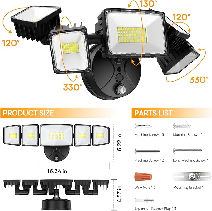 Onforu 120W 12000LM Dusk to Dawn Outdoor Lighting,5 Heads Flood Lights Outdoor,6500K Super Bright Outdoor Lighting,IP66 Waterproof Hardwired LED Security Lights for Garage,Yard,Outside