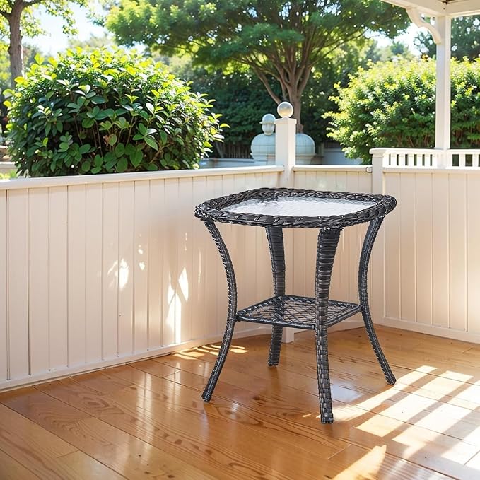 Outdoor Side Table, Brown Rattan Wicker Patio Side Table, Patio End Table, Small Outdoor Side Table with Glass Tabletop and Storage Shelf (Brown)