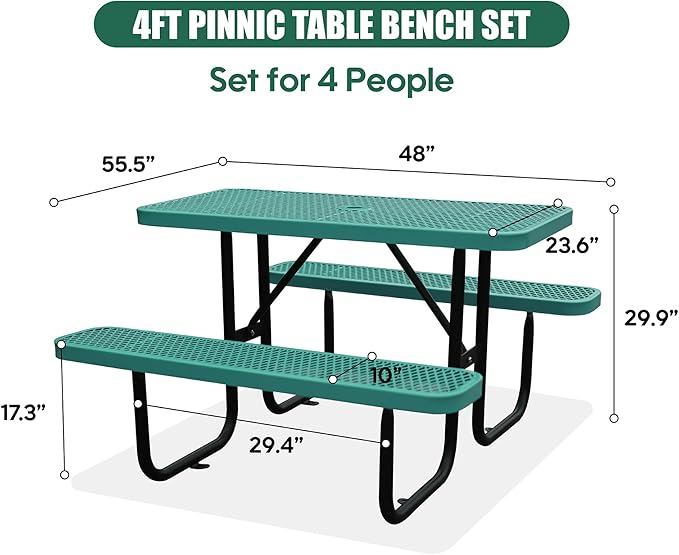 4FT Outdoor Picnic Tables,Heavy-Duty Metal Rectangular Picnic Table,Expanded Metal Commercial-Grade Table with 2 Benches & Umbrella Hole,Waterproof Coating Beach Table for Patio,Garden, Backyard