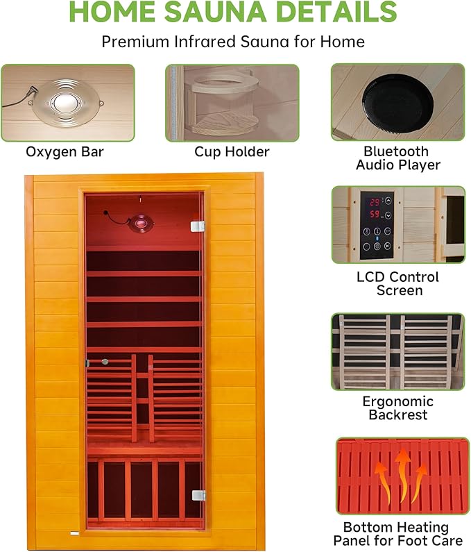 Real Relax Far Infrared Sauna for Home, 2 Person Indoor Home Sauna with Low Emf Red Light Therapy, Canadian Hemlock Wooden Dry Saunas Room with Bluetooth Speakers, 9-Color Chromotherapy Lights