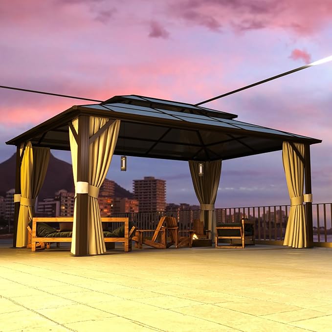 12'x16' Hardtop Gazebo, Outdoor Polycarbonate Double Roof Canopy, Aluminum Frame Permanent Pavilion with Curtains and Netting, Sunshade for Garden, Patio, Lawns
