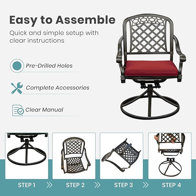 Set of 4 Cast Aluminum Patio Chairs with Cushions, All-Weather Aluminum Outdoor Swivel Chairs, Metal Outdoor Rocking Chairs for Backyard, Poolside and Bistro (Red, 4 Pieces)