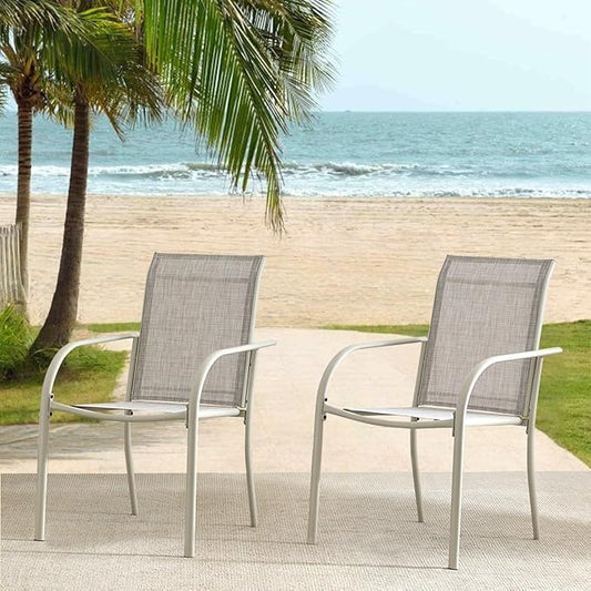 Outdoor Dining Chairs Set of 2, Stackable Patio Chairs with Textilene Fabric, Lightweight Garden Chairs for Poolside, Backyard, Camping, Grey