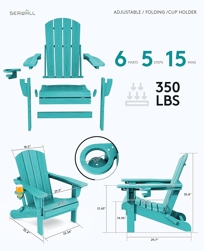 SERWALL Folding Adirondack Chair Set of 4, Adjustable Adirondack Chair with 3 Recline Positions, All Weather HDPE Outdoor Adirondack with Cup Holders, Aruba