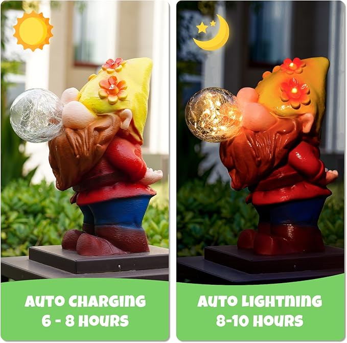 Solar Garden Statues Lights, 8.5" Cute Outdoor Gnome Figurine with Auto On/Off for Yard Patio Decor, Gifts for Women, Grandma, Mom, Housewarming (Bubble Bliss Gnome)