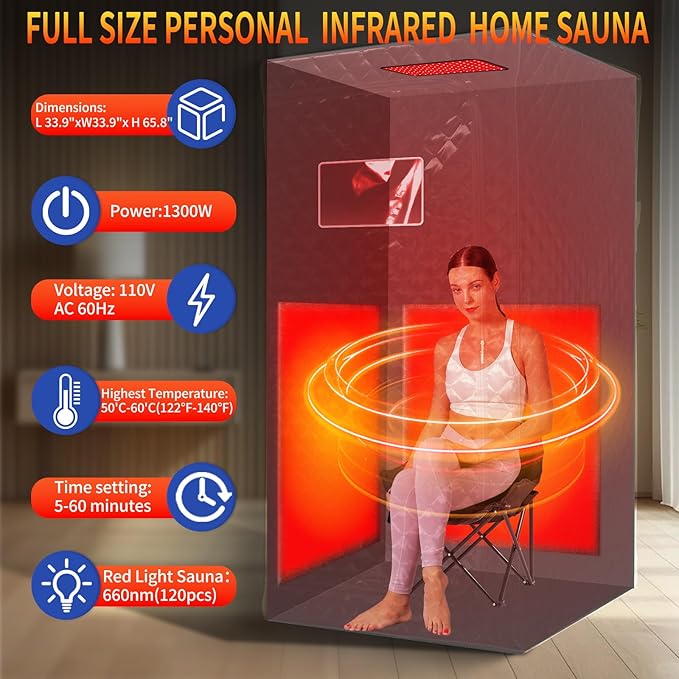 Full Size Portable Infrared Home Sauna, Upgraded Personal Sauna Box with 660nm Red Light Therapy Lamp, Separate Heating Foot Pad and Portable Chair for Relaxation Detox