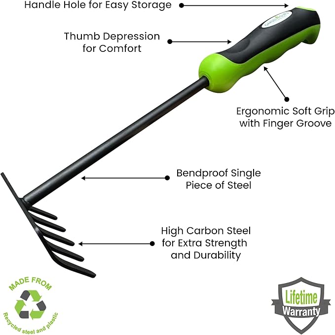Garden Guru Hand Rake Cultivator Tiller Tool – Strong Carbon Steel for Ultimate Strength - Rust Resistant – Ergonomic Handle – Great for Gardening Cultivating Loosening Weeding Mulching (4 Pack)