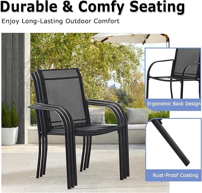 Patio Chairs Set of 6, Outdoor Dining Chairs with Breathable Textilene Fabric, Stackable Patio Chairs for Lawn, Garden, Backyard, Poolside, Black