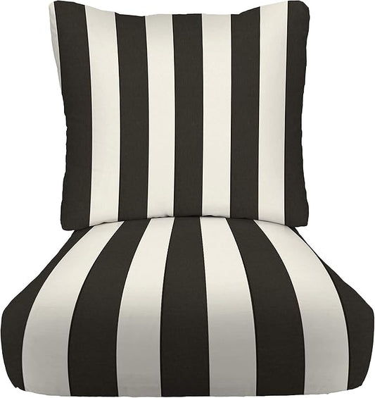RSH DECOR: Deep Seating Chair Cushion with Pillow Back | 23” x 24” Seat | All-Weather Spun Fabric | Outdoor Cushion Set for Patio Furniture | Black & White Stripe