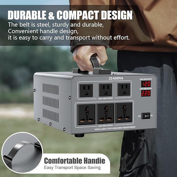6000W Voltage Auto Converter Transformer, Heavy Duty Step Up/Down Power Converter 110/120/220/240V with 3 US Outlets,3 Universal Outlets,LED Display,w/US Standard Power Cord Circuit Breaker Protection
