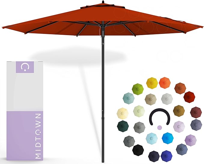Midtown Umbrellas Push and Pop 9 Feet Outdoor Umbrella, Apple (Red) Polyester Fabric - Fiberglass Ribs Deck Patio Umbrella, Backyard Umbrella, Garden Umbrella & Pool Umbrella - Black Pole