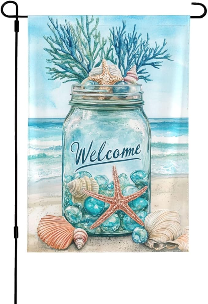 Seashells Ocean Garden Flag Vertical Double Sided Outdoor Yard Flags 12.5x18 Inch Burlap Banners Vertical Double Sided for Outdoor Decor Lawn