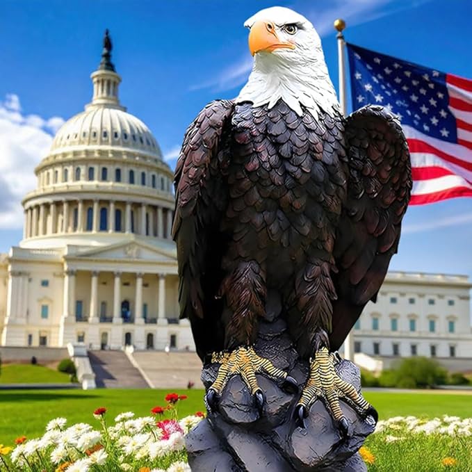 Bald Eagle Statue Outdoor - Large American Eagle Figurine, Garden Sculpture for Outside, Yard, Lawn Decor, Hand-Painted Weather-Resistant Resin, 24.4-Inch