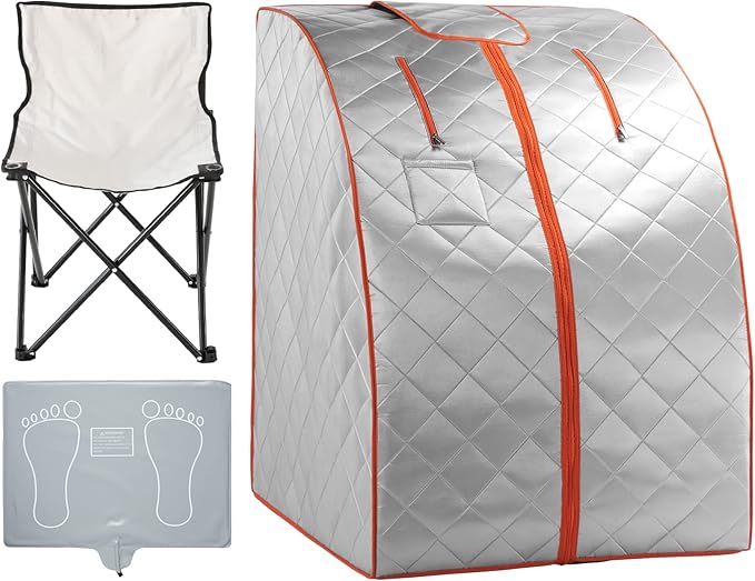 ZONEMEL Infrared Sauna, 1 Person Full Body Sauna, 3 Far Infrared Heating Panels, Remote Control, Built-in Foot Pad, Hand Pocket, Portable Folding Chair (L 27.6’’ x W 31.5’’ x H 37.8’’, Silver Orange)