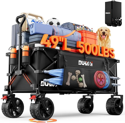 49" L Collapsible Extended Wagon with 500lbs Weight Capacity,300L Heavy Duty Sports Wagon,Big All-Terrian Wheels with Cup Holders,Cart for Sports,Grocery,Shopping