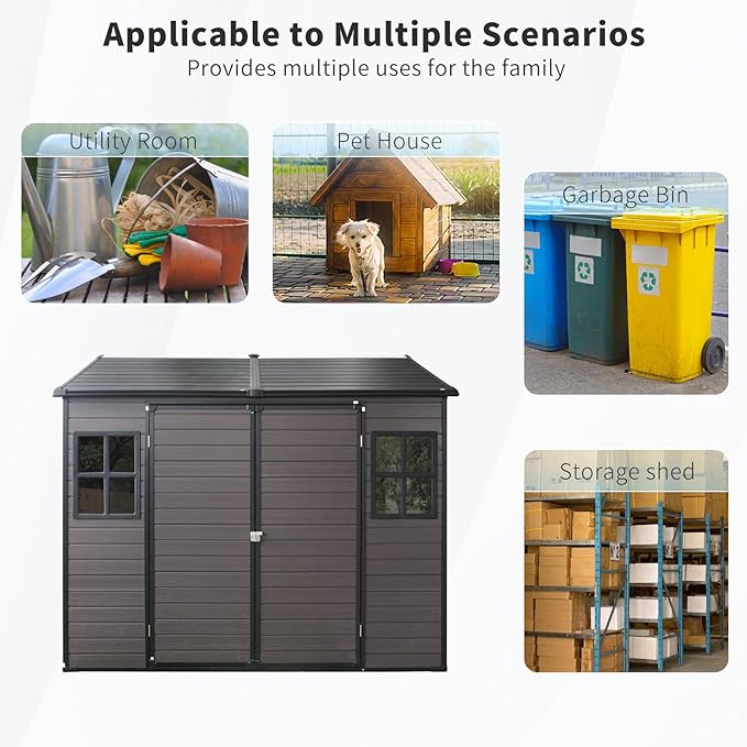 Outdoor Storage Shed with Two-Window and Double-Door, Resin Storage Shed with Lockable Door, Plastic Shed with Floor for Gargen, Patio, Yard, Lawn (Brown, 8 x 6 FT)