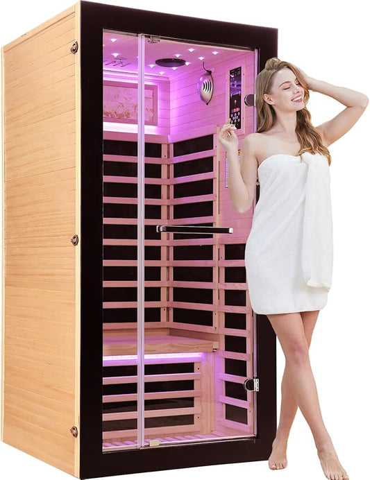 Far Infrared Sauna Home Sauna Indoor 1 Person Hemlock Wood Saunas 1450W 120V with Red Light Bluetooth Speakers 35.4"x35.4"x70.9"