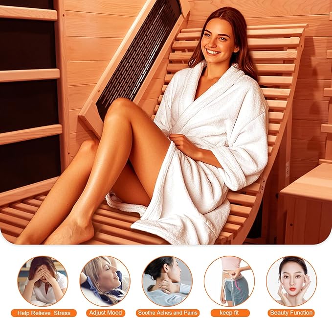 Smartmak Full Spectrum Infrared 2 Person Sauna Room, Red Light Therapy Luxury Wood Home Sauna with Recliner, Canadian Hemlock Indoor Dry Saunas Spa, 3400W with 10 Heaters, Speakers, Lights, Oxygen Bar