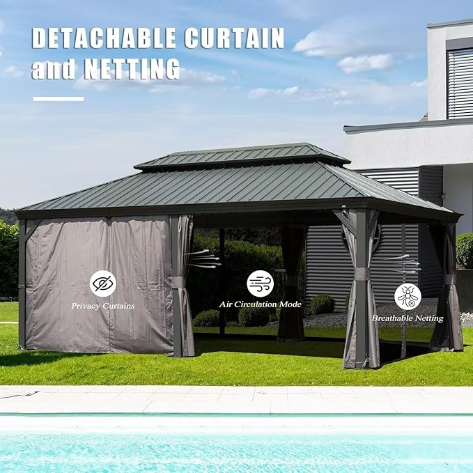 Domi 14'x24' Hardtop Gazebo Canopy,Outdoor Aluminum Gazebo with Galvanized Steel Double Roof, Extra Large Permanent Gazebo Pavilion for Patio Deck Backyard,Curtain and Netting,Grey