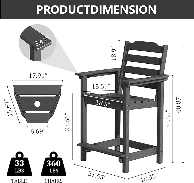 OTSUN Tall Adirondack Chairs Set of 4 with Connecting Tray, 24 inches HDPE Bar Height Outdoor Chairs, All Weather Resistant for Balcony, Porch, Kitchen (4 PCS, Black)