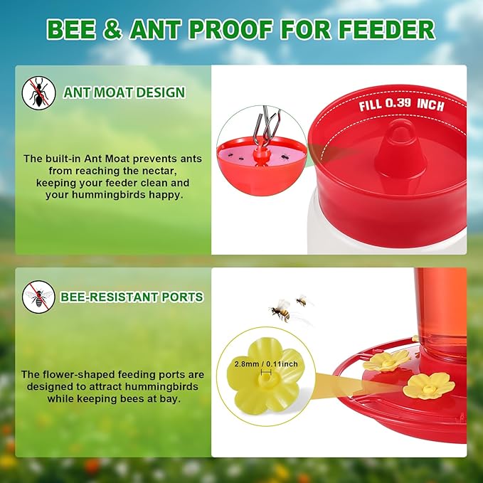 2-Pack Plastic Hummingbird Feeder - 22oz Leakproof Outdoor, 6 Bee-Proof Ports with Ant Moat, Wide Mouth Easy Clean, Hanging Hook for Trees or Decks