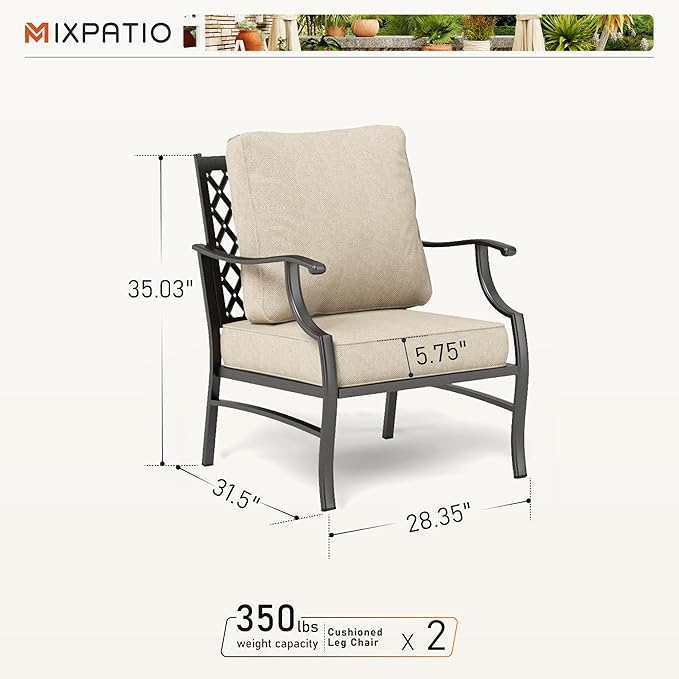 Patio Chairs Set of 2, High Back Outdoor Patio Metal Leg Chairs with 5.75" Thick Cushions for Bistro Balcony Porch Deck and Yard, Beige