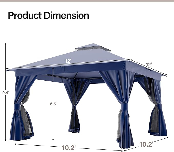 LAUSAINT HOME Outdoor Patio Gazebo 12'x12' with Expansion Bolts, Heavy Duty Party Tent & Shelter with Double Roofs, Mosquito Nettings and Privacy Screens for Backyard, Garden, Lawn, Navy Blue