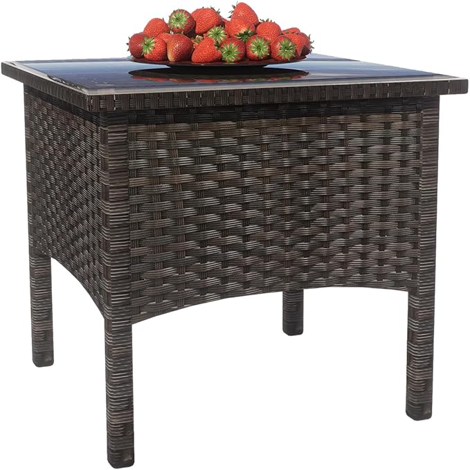 Outdoor PE Rattan Side Table, Modern Wicker Coffee End Table with Glass Top for Yard, Balcony, Garden or Livingroom, Brown