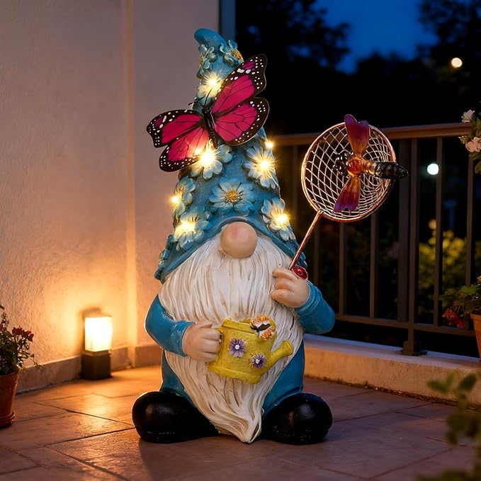Garden Gnome Statues Outdoor Decor Solar Gnomes with Butterfly on LED Lighted Flowers, Resin Blue Gnomes Sculpture for Patio Yard Lawn Onament Decoration