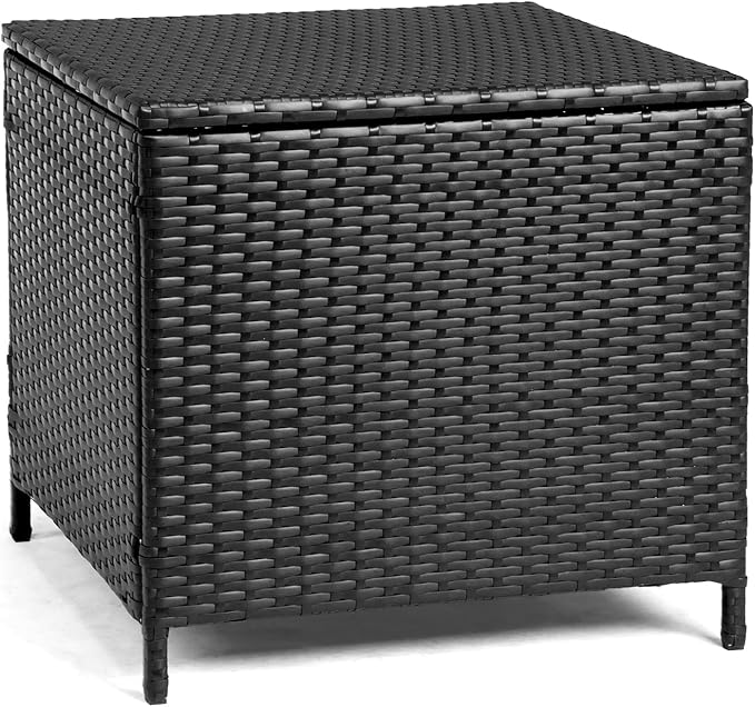 VINGLI 27 Gallon Outdoor Deck Box, Wicker Outdoor Storage Box with Lid, Small Storage Bin Container for Outside and Patio, Patio Rattan Side Table for Yard Porch (Black, Square)