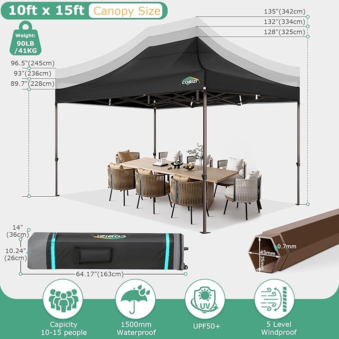COBIZI 10x15 Pop Up Heavy Duty Canopy with Upgrated Hexagonal Legs, Easy up Tent for Parties, Commercial and Wedding, Outdoor Canopy with Roller Bag, Sand Bags, Waterproof & UPF50+ (Black)