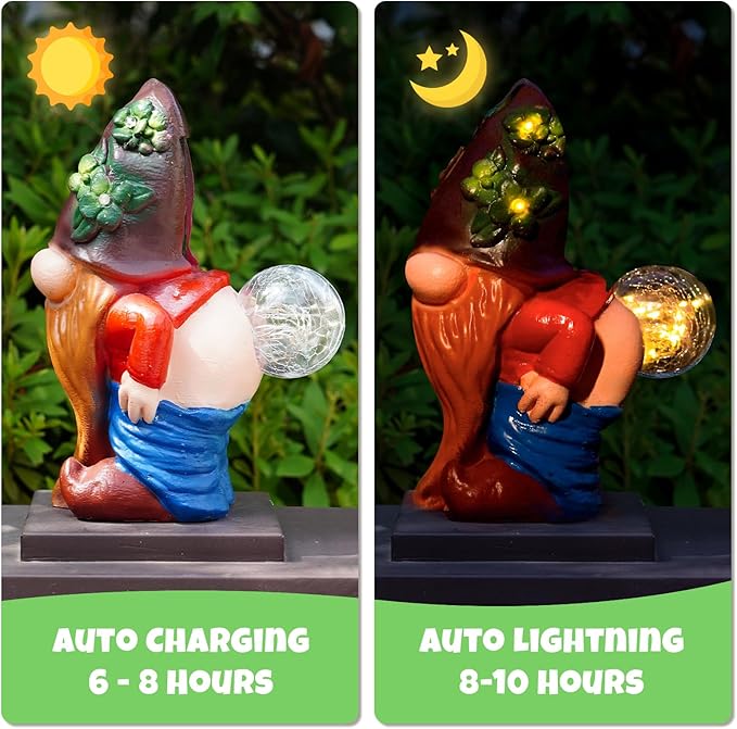 Solar Garden Statues Lights, 8.5" Cute Outdoor Gnome Figurine with Auto On/Off for Yard Patio Decor, Gifts for Women, Grandma, Mom, Housewarming (Farting Gnome Statue)