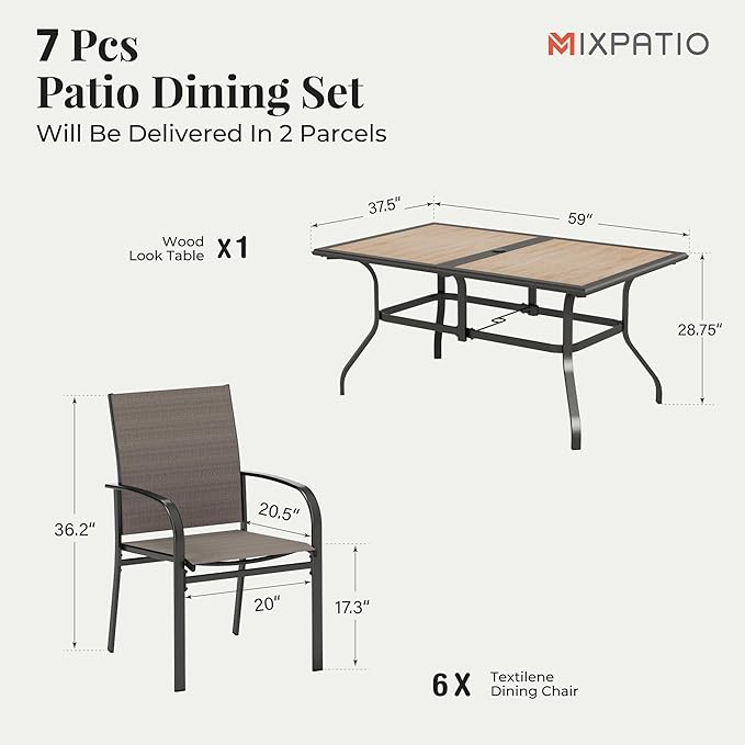 7 Pieces Patio Table and Chairs Set, Outdoor Dining Furniture Set for 6, 6 Brown Textilene Chairs and 61" Wood-Like Table Top with Umbrella Hole, for Deck Backyard Lawn