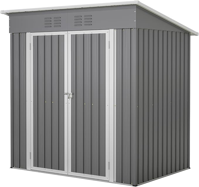 6x4 FT Shed Outdoor Storage Metal Large Garden Tool Sheds with Lockable Doors Floor Frame Shed-Roof Waterproof Steel Utility Equipment Sheds for Backyard Patio Lawn Poolside, Grey