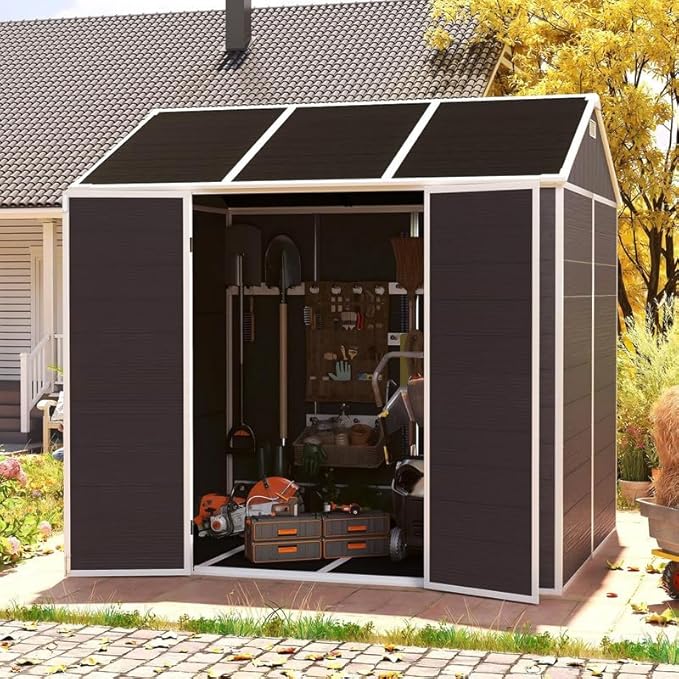 8x7 FT Resin Outdoor Storage Shed with Floor and Window, Outside Waterproof Plastic Garden Sheds w/Lockable Door & Vents, All-Weather Tool House for Patio, Backyard, Lawn, Dark Gray
