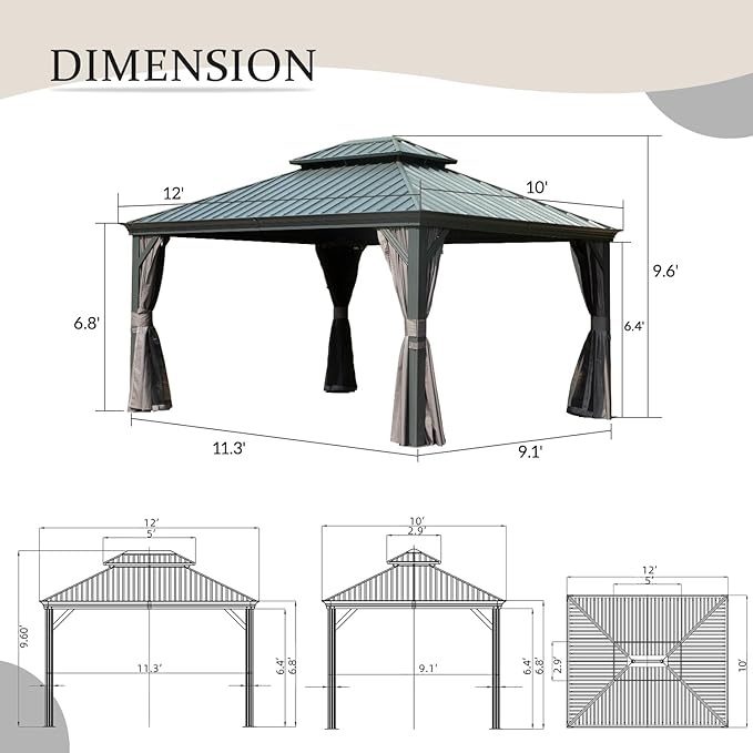 Domi 10' X 12' Hardtop Gazebo Outdoor Metal Gazebo with Galvanized Steel Double Roof Canopy, Aluminum Frame, Curtains and Netting for Patio, Deck, Garden, Grey