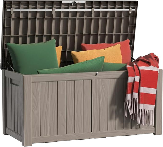 EasyUp 120 Gallon Outdoor Storage Box, Resin Waterproof UV-Resistant Deck Box with Hydraulic Lid Support, Reinforced Stability for Patio, Garden, and Poolside, Striped Gray