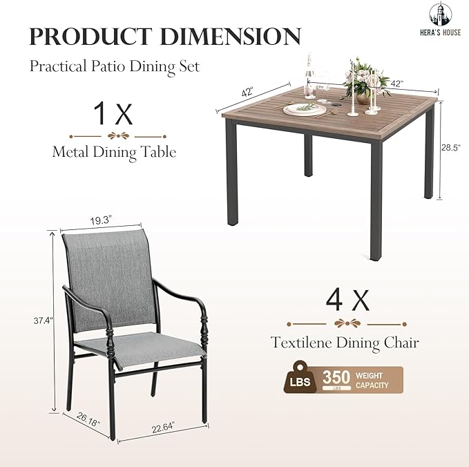 HERA'S HOUSE 5-Piece Outdoor Dining Set, 42" Square Patio Table and Chairs Set with Umbrella Hole for Restaurant Garden Lawn Backyard
